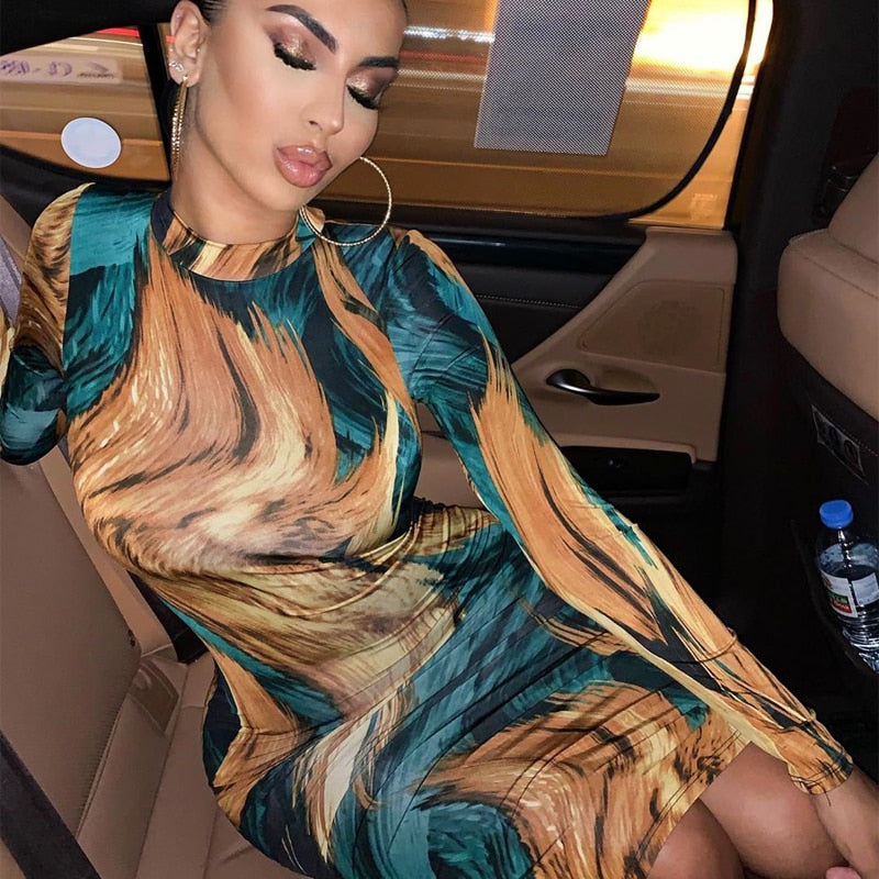 Abstract Print High Neck Long Sleeve Bodycon Dress
