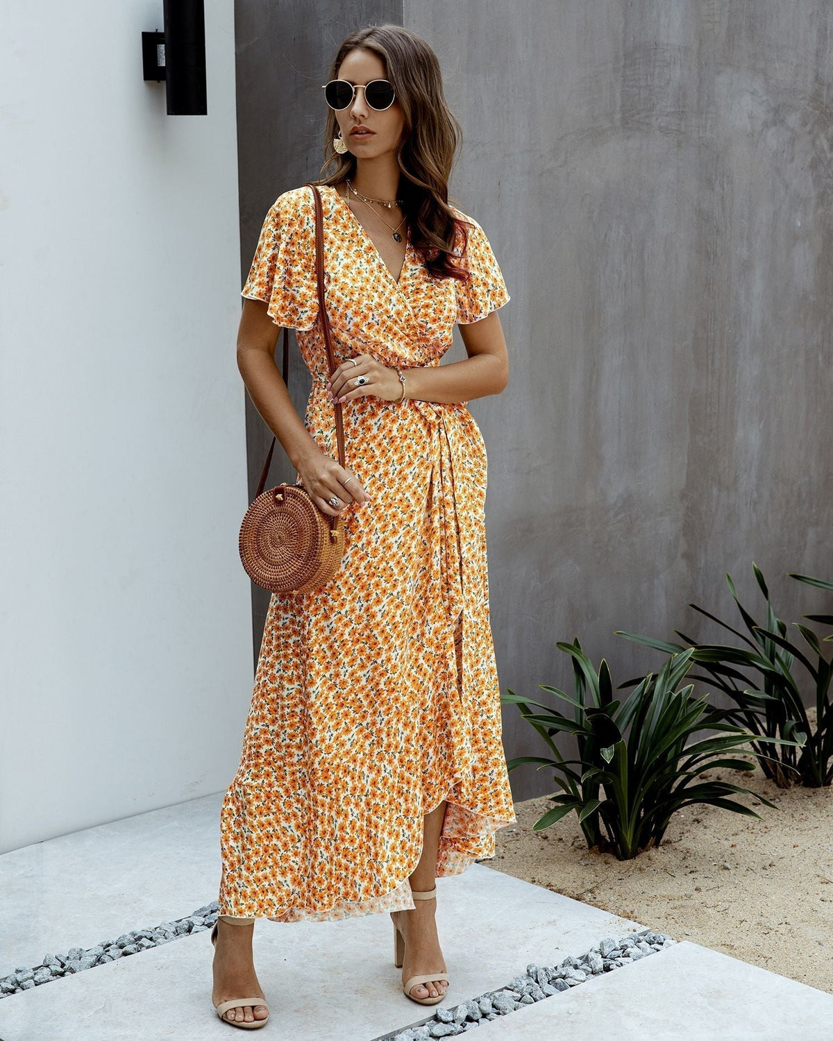 Ditsy Floral V-Neck Flutter Sleeve High-Low Maxi Dress 8