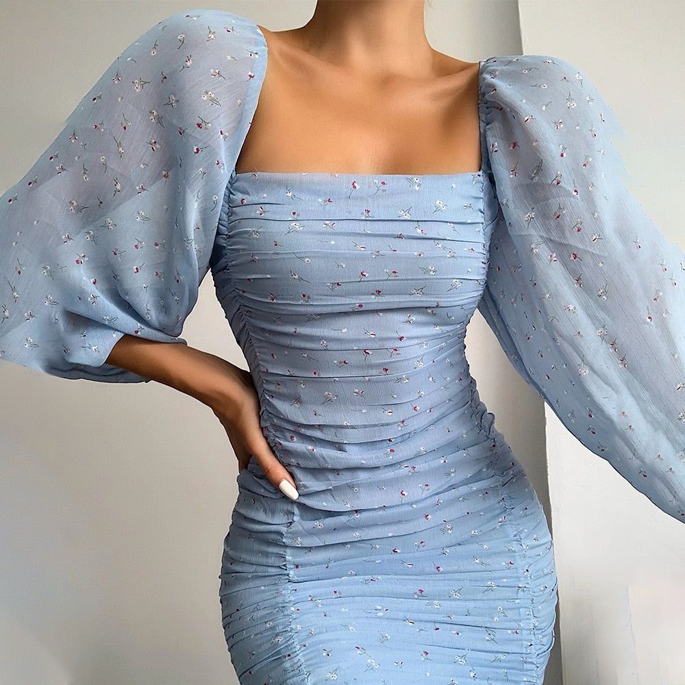 Floral Print Square Neck Puff Sleeve Ruched Mesh Bodycon Dress