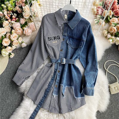 Women's Blouse Autumn Long Sleeve Shirt Tops Jeans Patchwork Plaid Blouses Elegantes Blusas para mujer Slim Shirt Dress - Fashionpara