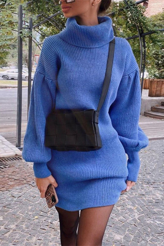 ShoptheCIC Lantern Sleeve Turtleneck Knit Sweater Dress