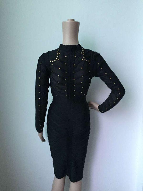 Studded Sheer Mesh Crew Neck Long Sleeve Bodycon Dress 12