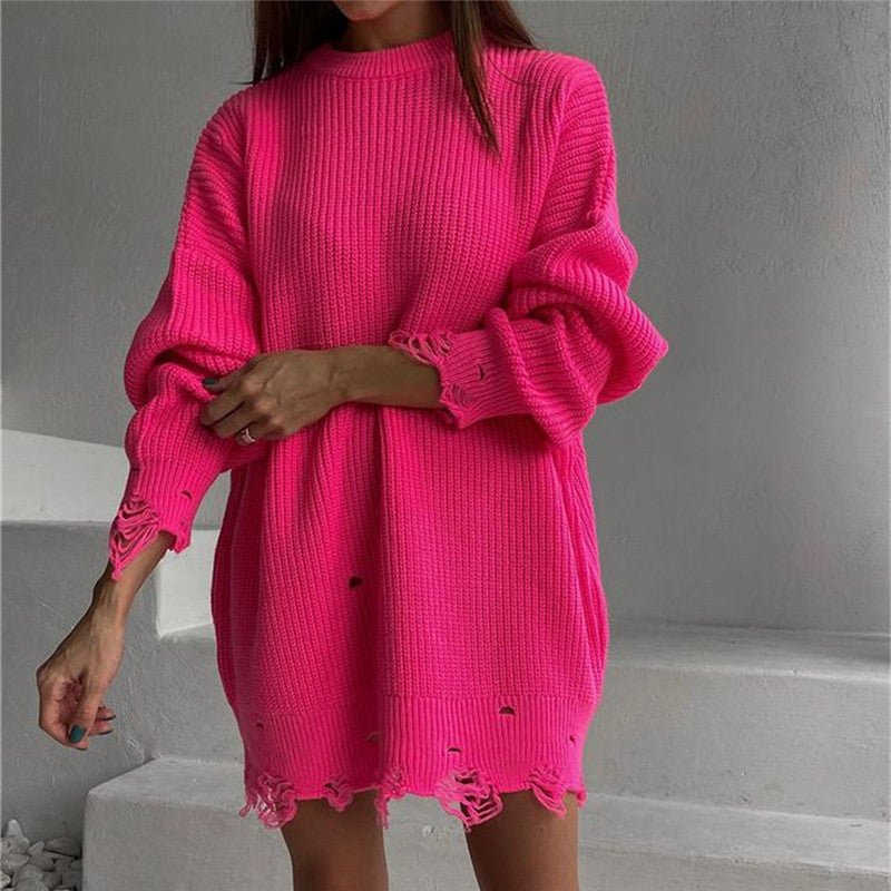 Ripped O Neck Oversized Sweater Dress for Effortless Style
