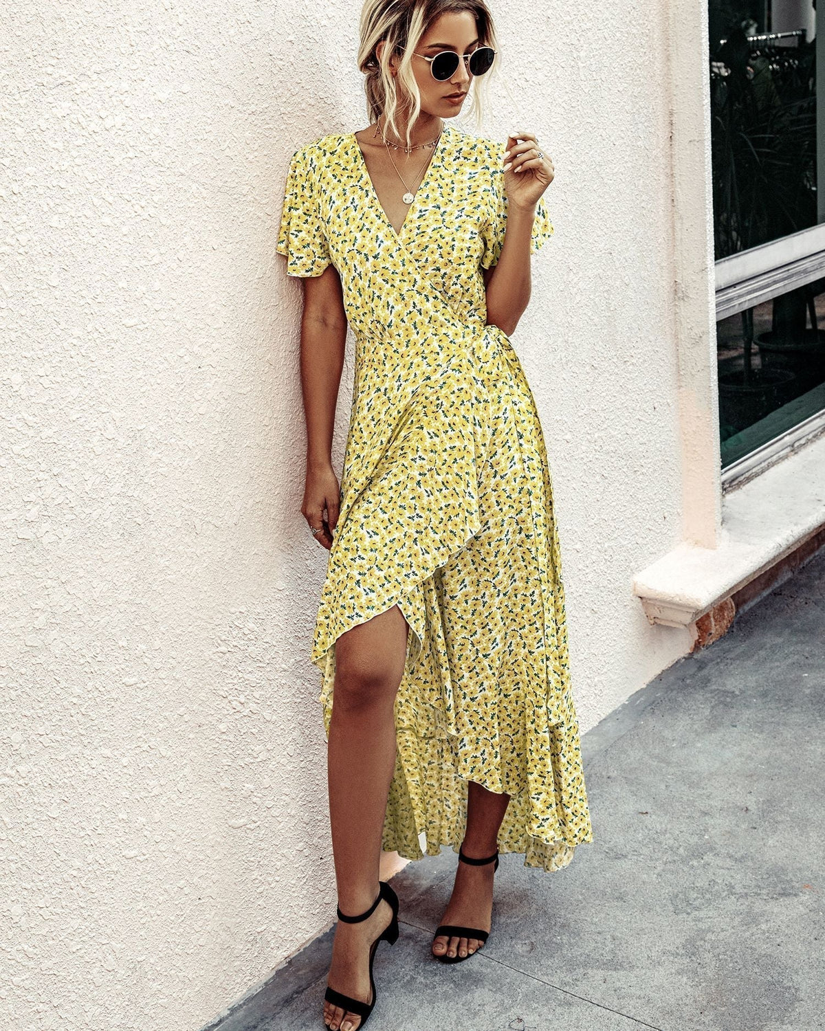 Ditsy Floral V-Neck Flutter Sleeve High-Low Maxi Dress 18