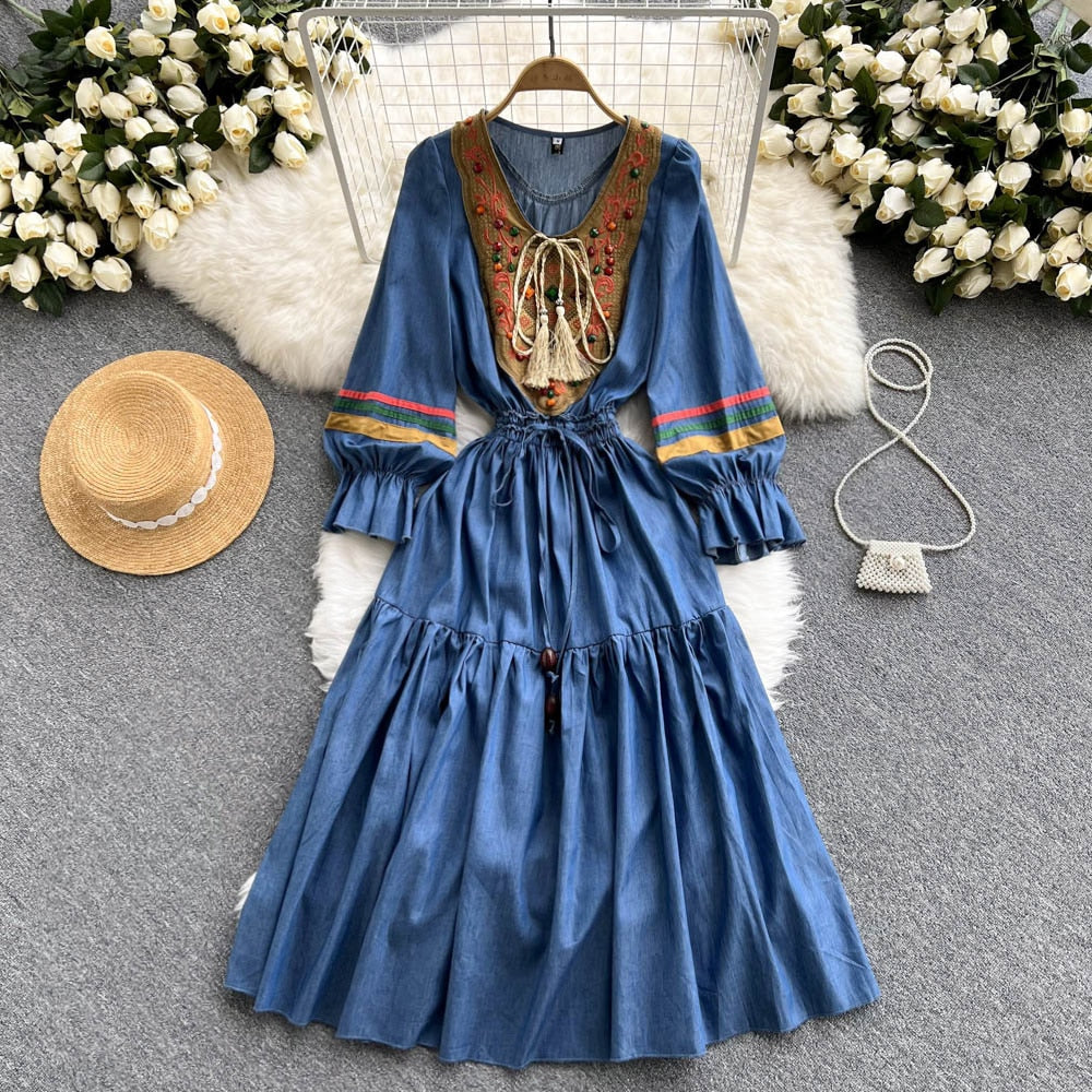 Embroidered Round Neck Long Sleeve Tiered Midi Dress