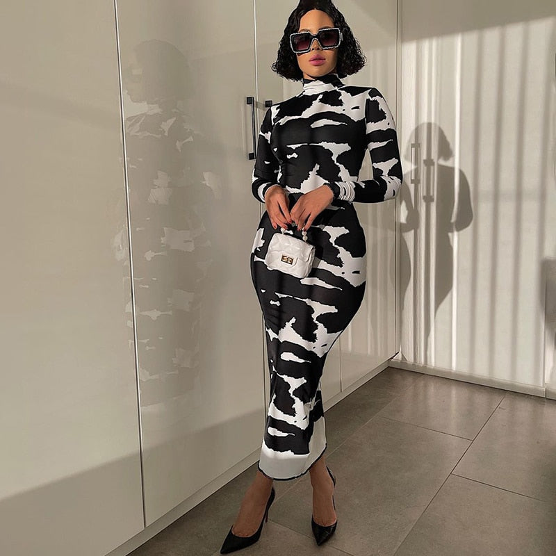 Abstract Print High Neck Long Sleeve Bodycon Maxi Dress