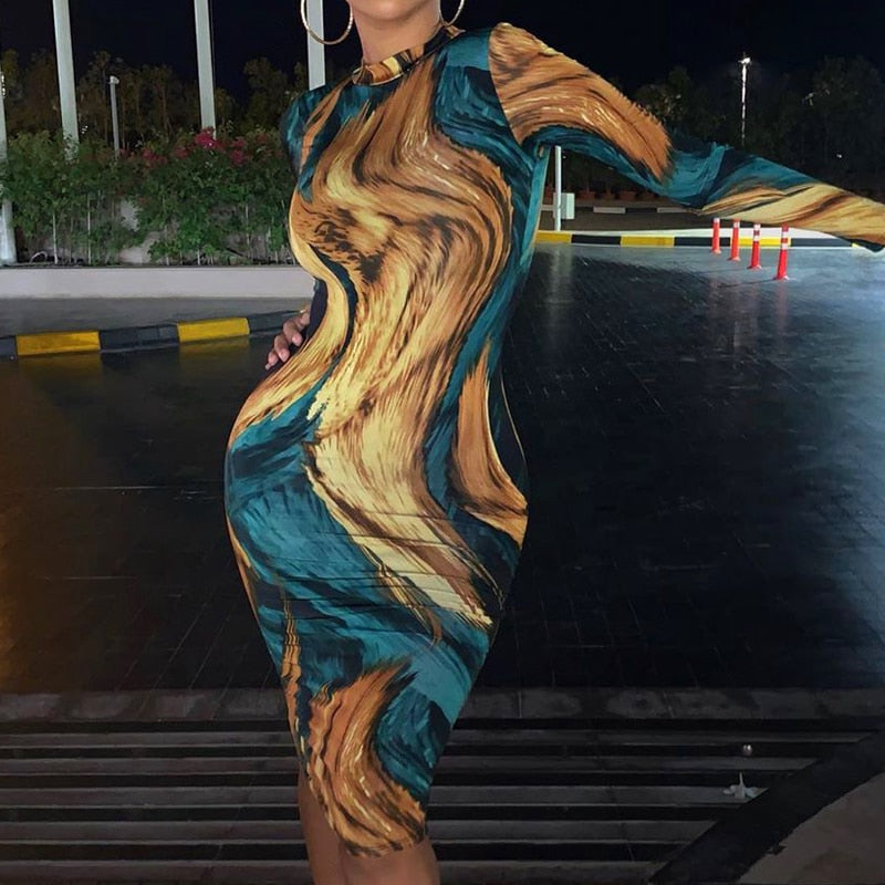 Abstract Print High Neck Long Sleeve Bodycon Dress