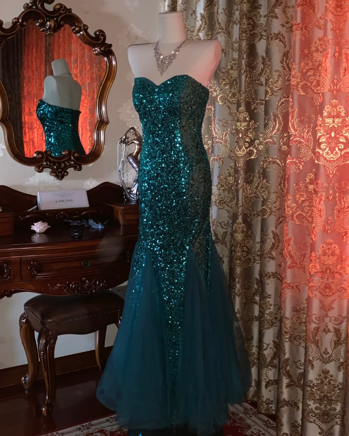 Vintage Strapless Green Tulle Sequin Mermaid Evening Dress Long Wedding Guest Dress Party Gown D1753