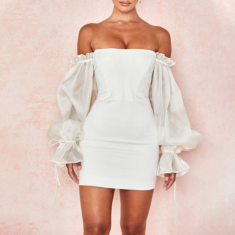 Off Shoulder Puff Sleeve Corset Bodycon Mini Dress 6