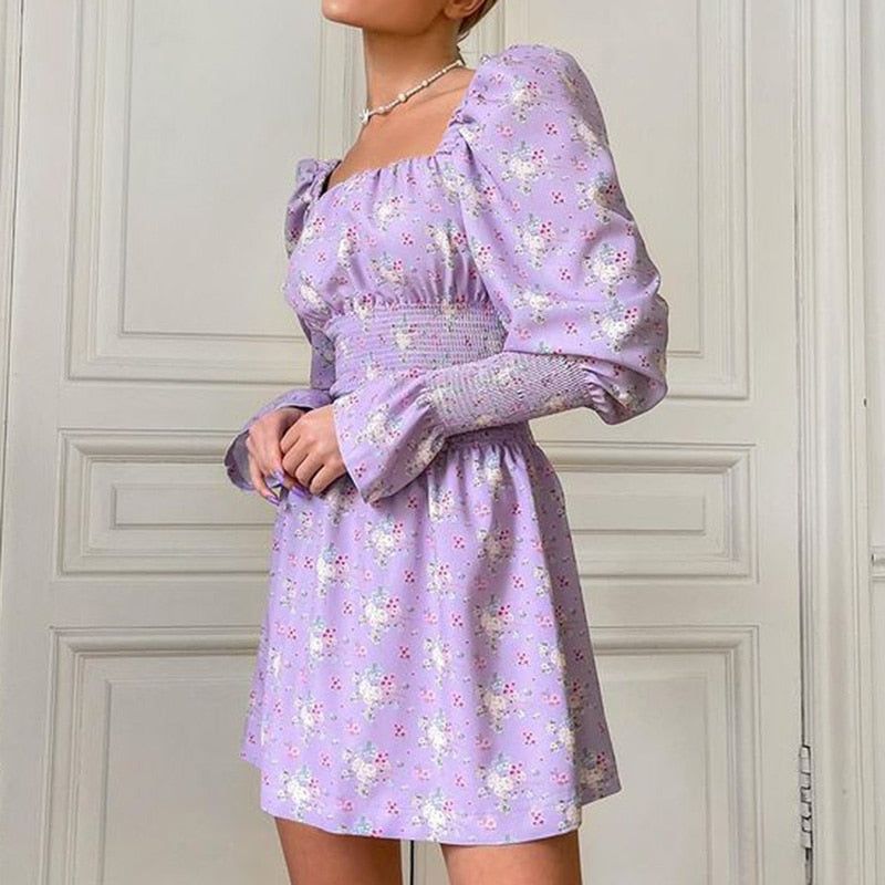 Floral Square Neck Long Puff Sleeve Smocked Mini Dress 2