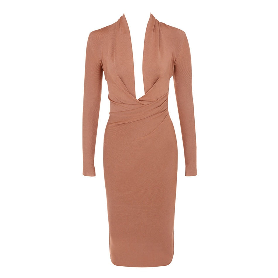 Deep V-Neck Long Sleeve Ruched Bodycon Midi Dress 3