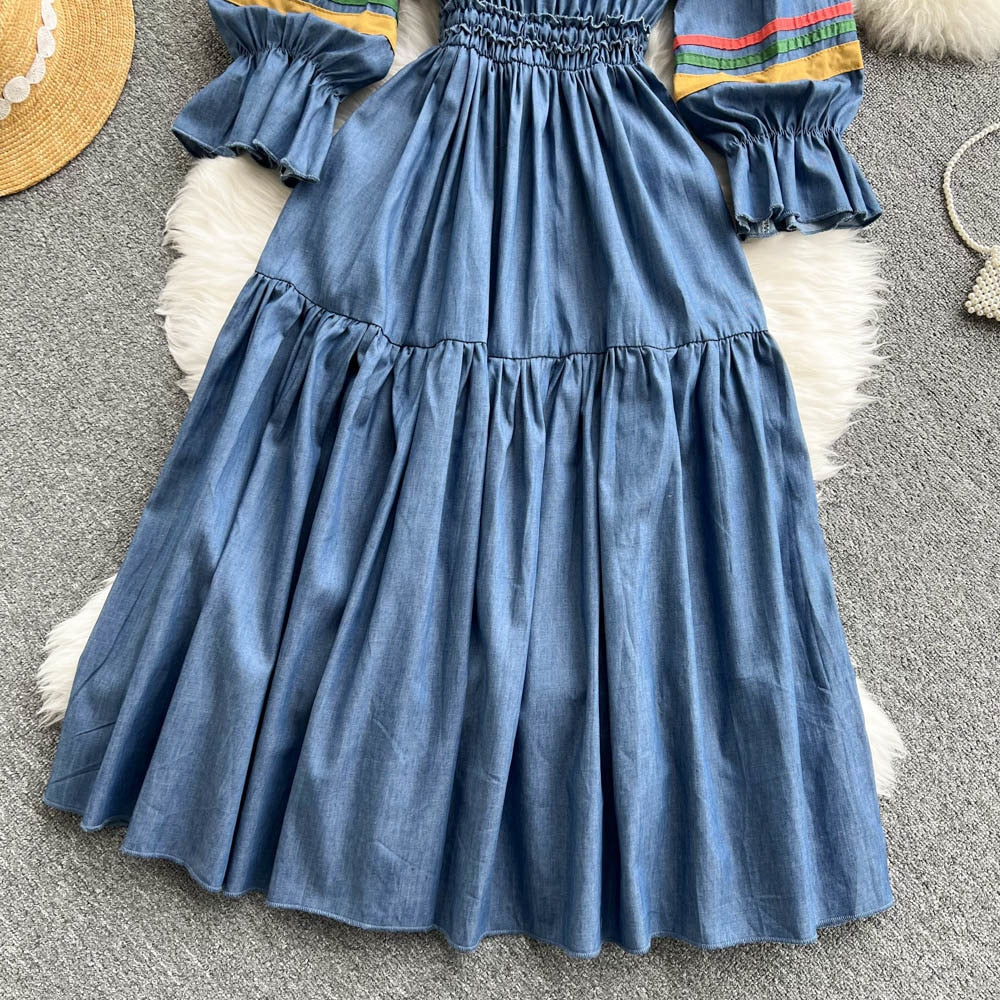 Embroidered Round Neck Long Sleeve Tiered Midi Dress