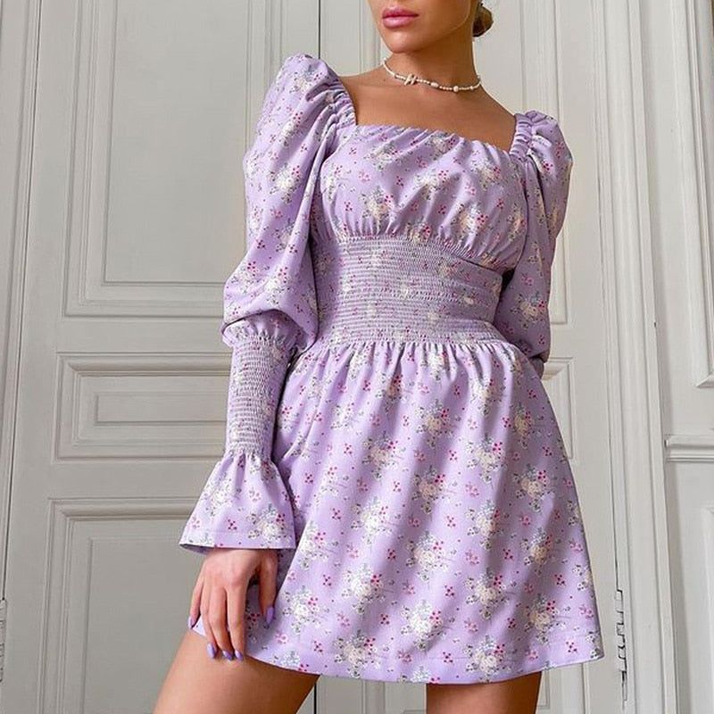 Floral Square Neck Long Puff Sleeve Smocked Mini Dress