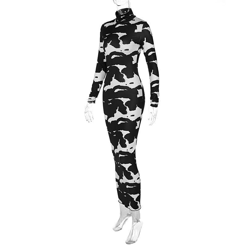 Abstract Print High Neck Long Sleeve Bodycon Maxi Dress 5