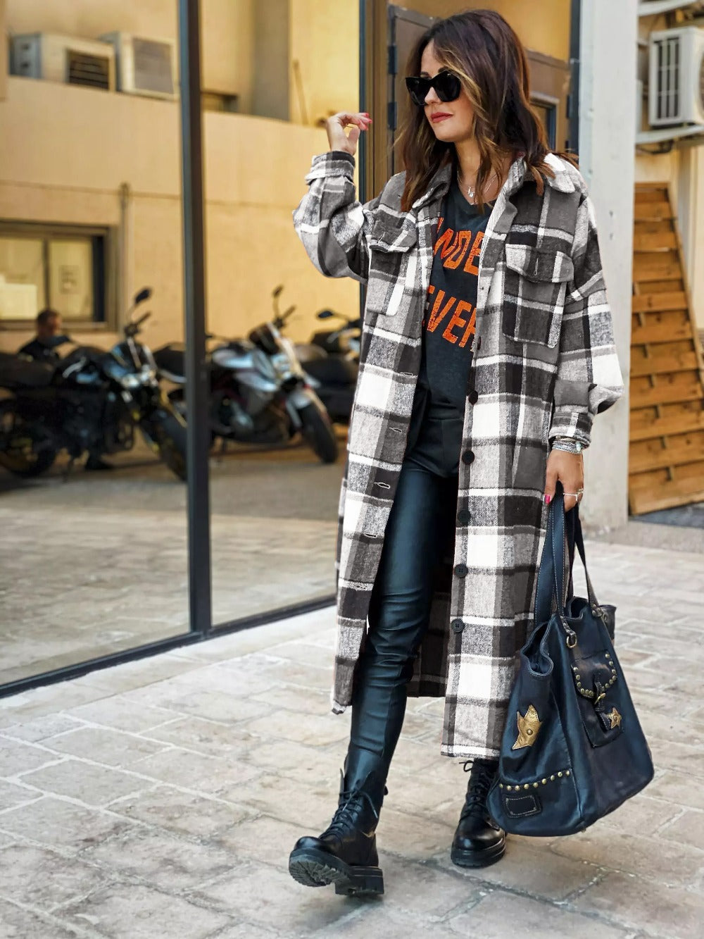 Long Flannel Plaid Trench Coat