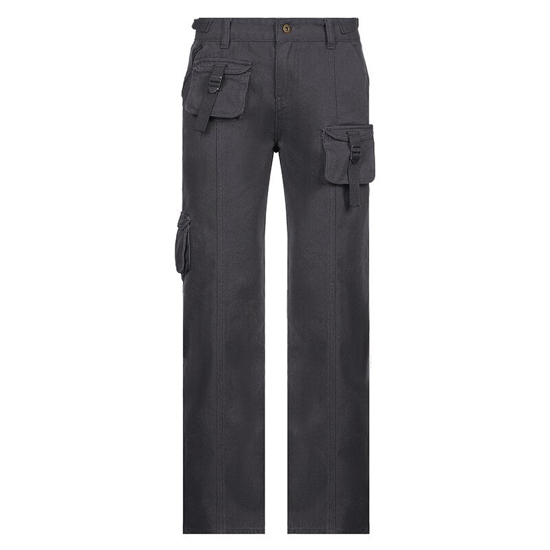 KittenAlarm - Mojoyce Retro Grunge Cargo Denim Jeans Streetwear Korean Vintage 90s Low Waist Trousers Aesthetic 90s Straight Pants Cuteandpsycho