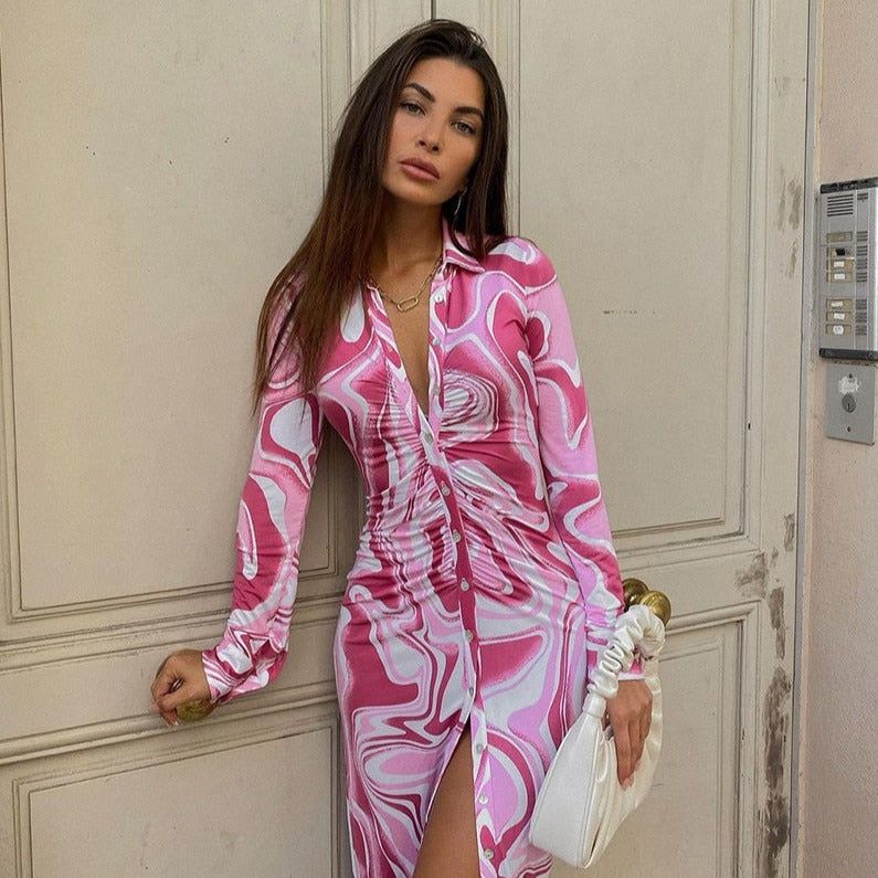Abstract Print Collared Long Sleeve Button Front Midi Dress