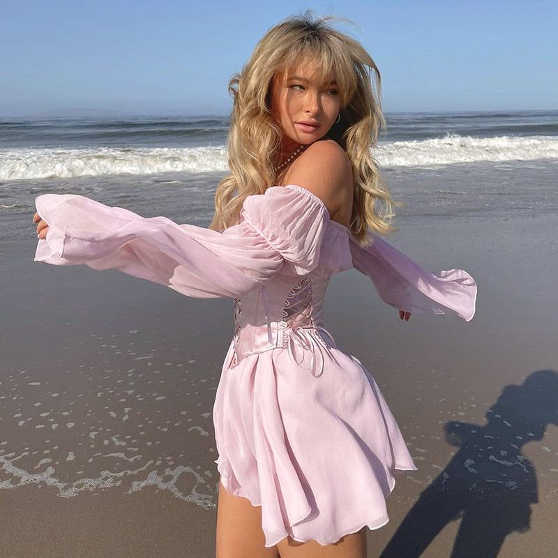 Floral Off Shoulder Puff Sleeve Lace Up Corset Mini Dress 6