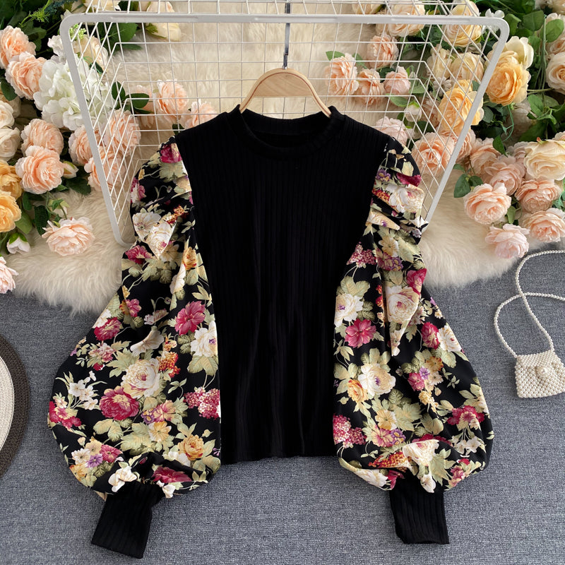 Puff Sleeve Stitching Patchwork O-Neck Slim Fit Blouse - Fashionpara