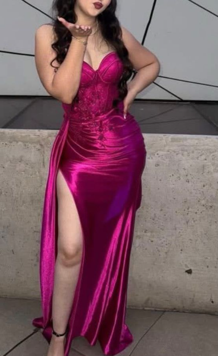 Sexy Strapless Hot Pink Satin Appliques High Slit Mermaid Evening Dress Formal Wedding Guest Dress D1238