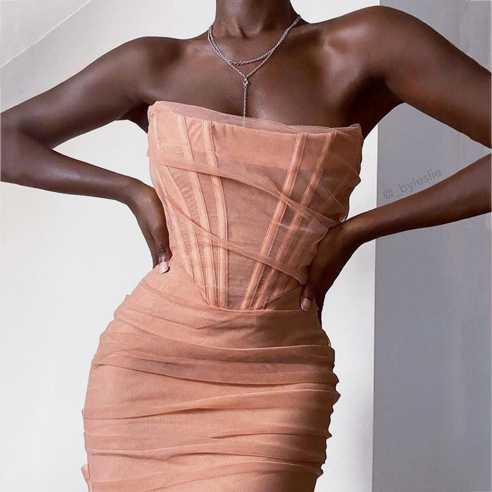 Mesh Strapless Corset Ruched Bodycon Dress