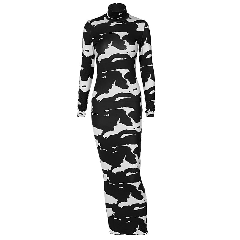 Abstract Print High Neck Long Sleeve Bodycon Maxi Dress 4