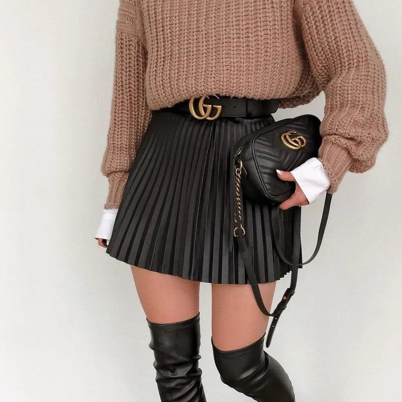 High Waist Pleated Faux Leather Skirt