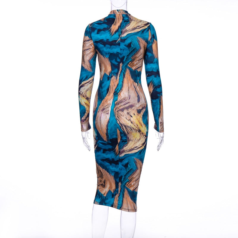 Abstract Print High Neck Long Sleeve Bodycon Dress
