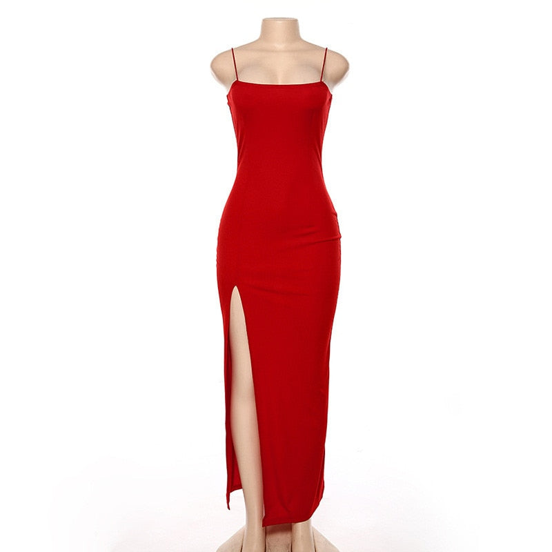 Satin Spaghetti Strap Backless High Slit Maxi Dress 12