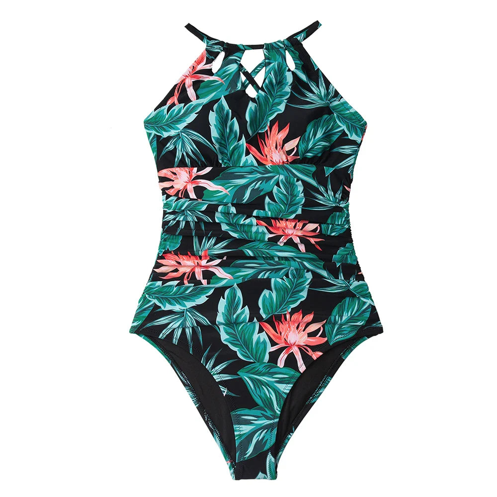 Floral Halter Cutout Lace Up One Piece Set