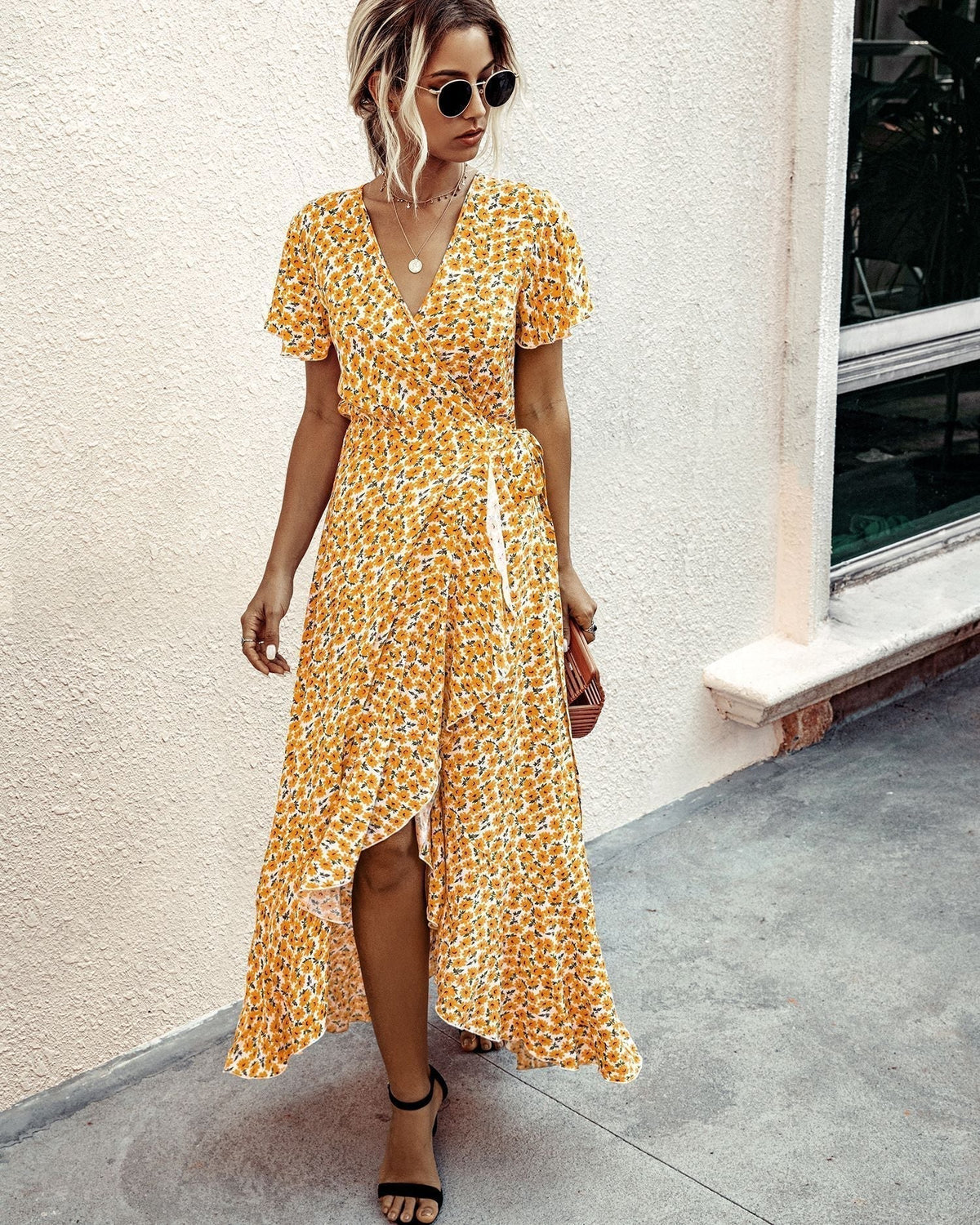 Ditsy Floral V-Neck Flutter Sleeve High-Low Maxi Dress 15