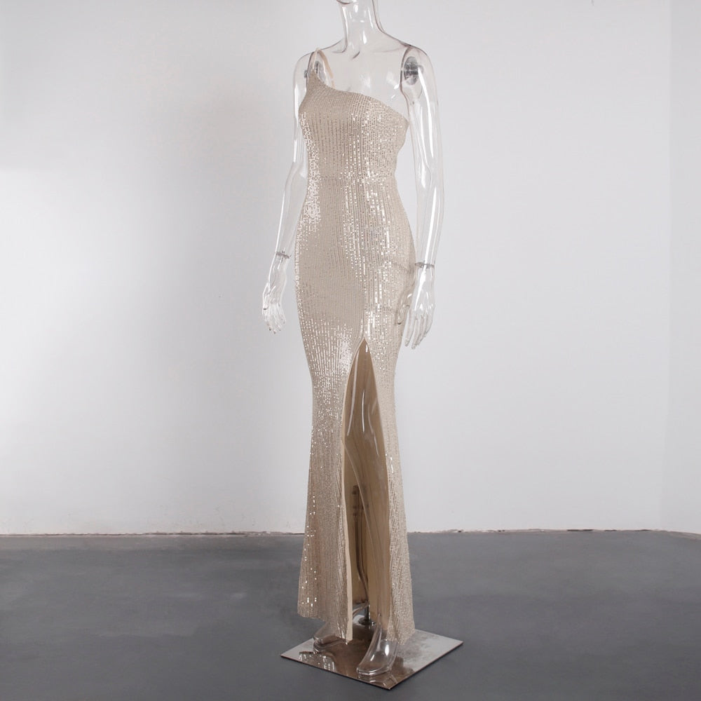 Sequin One-Shoulder High Slit Floor-Length Gown 8