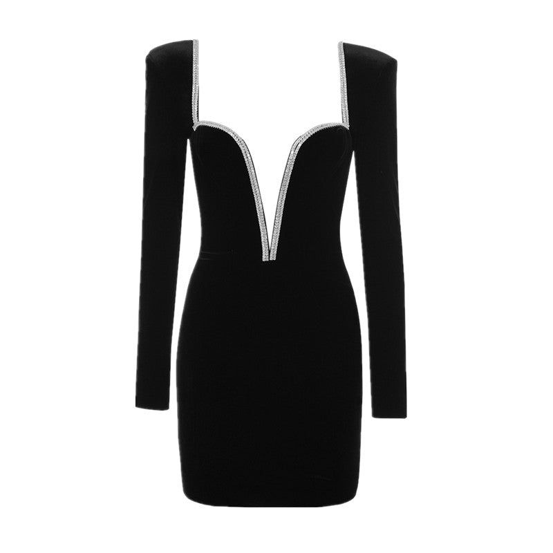 Velvet Deep V Long Sleeve Rhinestone Trim Bodycon Mini Dress