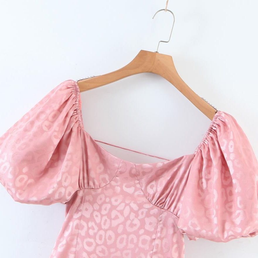 Leopard Jacquard Puff Sleeve Lace Up Back Mini Dress 5