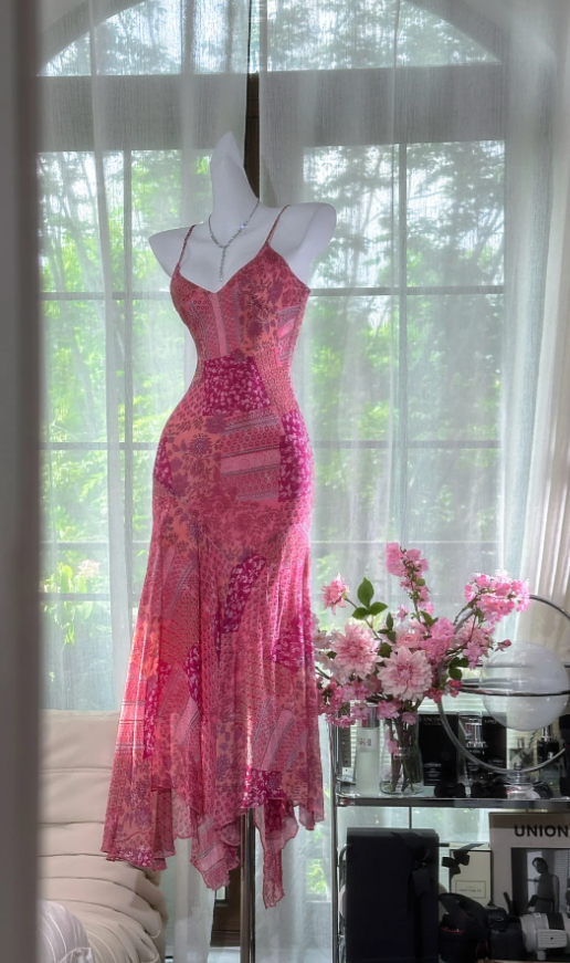 Unique Pink Spaghetti Straps Chiffon V Neck Mermaid Party Dress Long Prom Dress D978