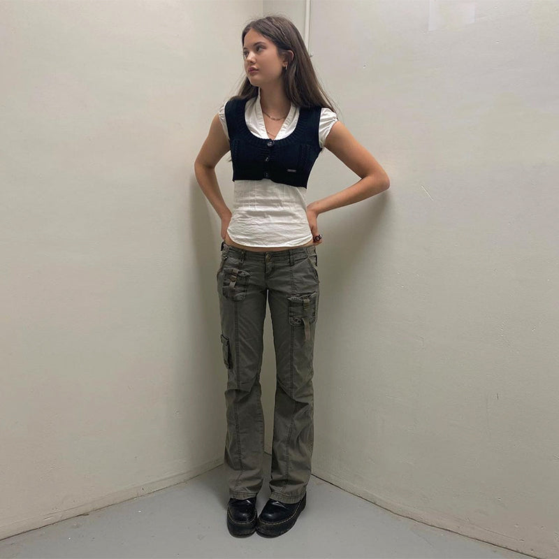 KittenAlarm - Mojoyce Retro Grunge Cargo Denim Jeans Streetwear Korean Vintage 90s Low Waist Trousers Aesthetic 90s Straight Pants Cuteandpsycho