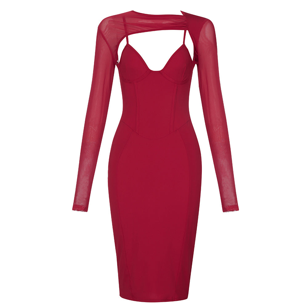Mesh Long-Sleeve Cutout Corset Bodycon Midi Dress 4