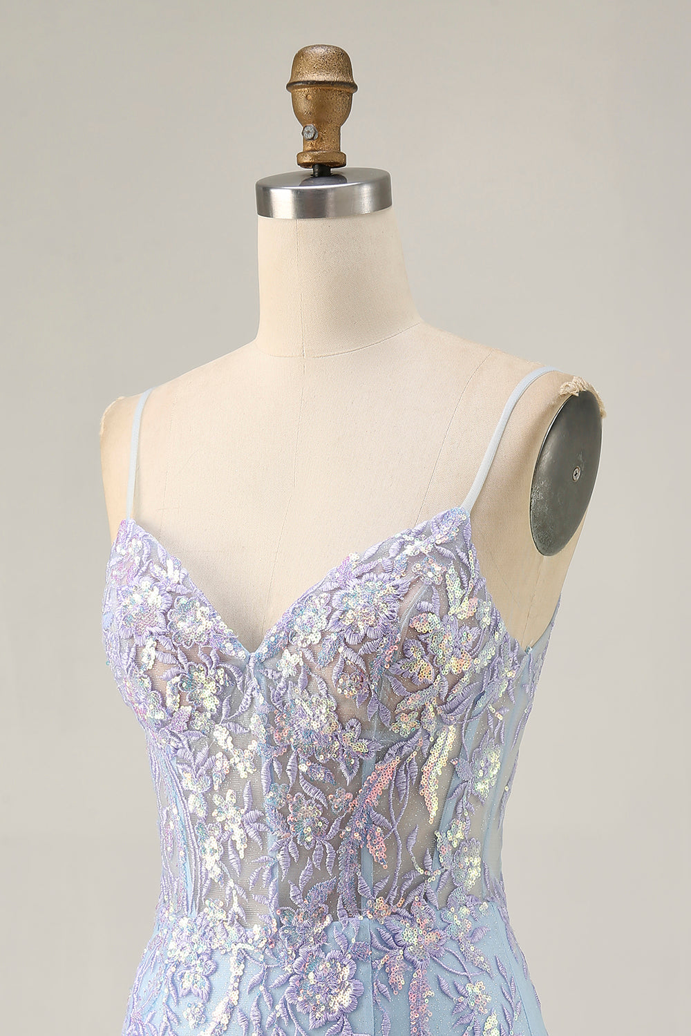 Sparkly Blue Corset Spaghetti Straps Lace Short Homecoming Dress