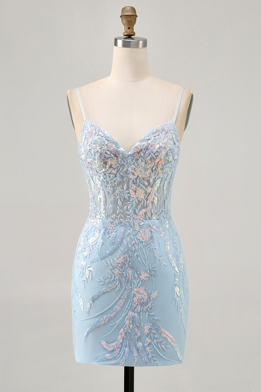 Sparkly Blue Corset Spaghetti Straps Lace Short Homecoming Dress