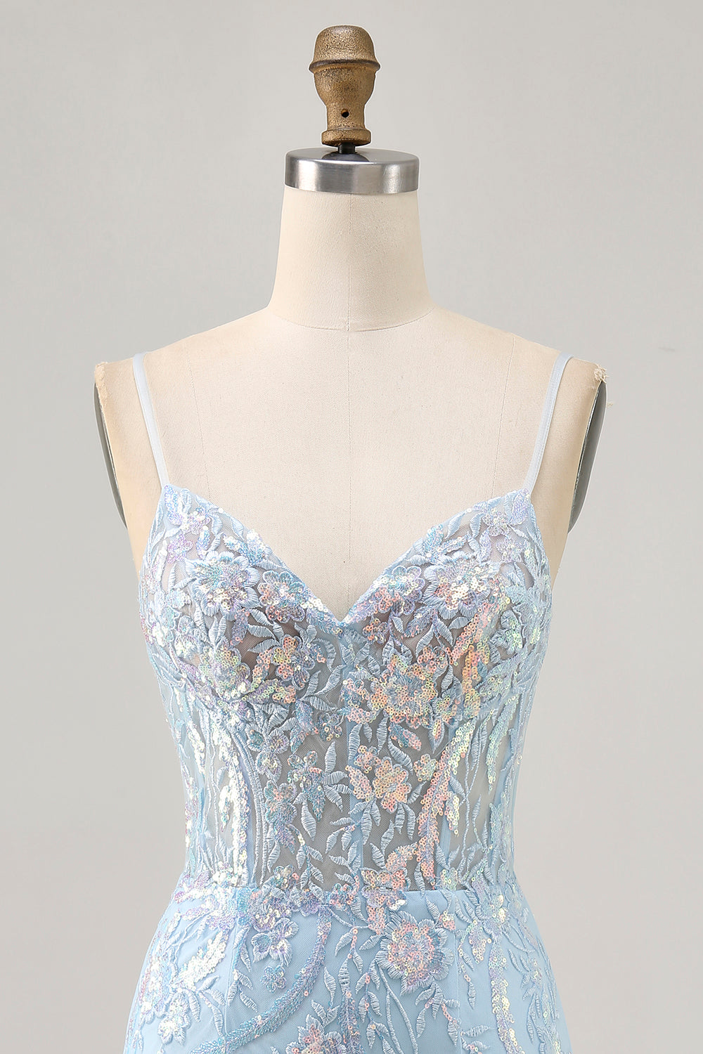 Sparkly Blue Corset Spaghetti Straps Lace Short Homecoming Dress