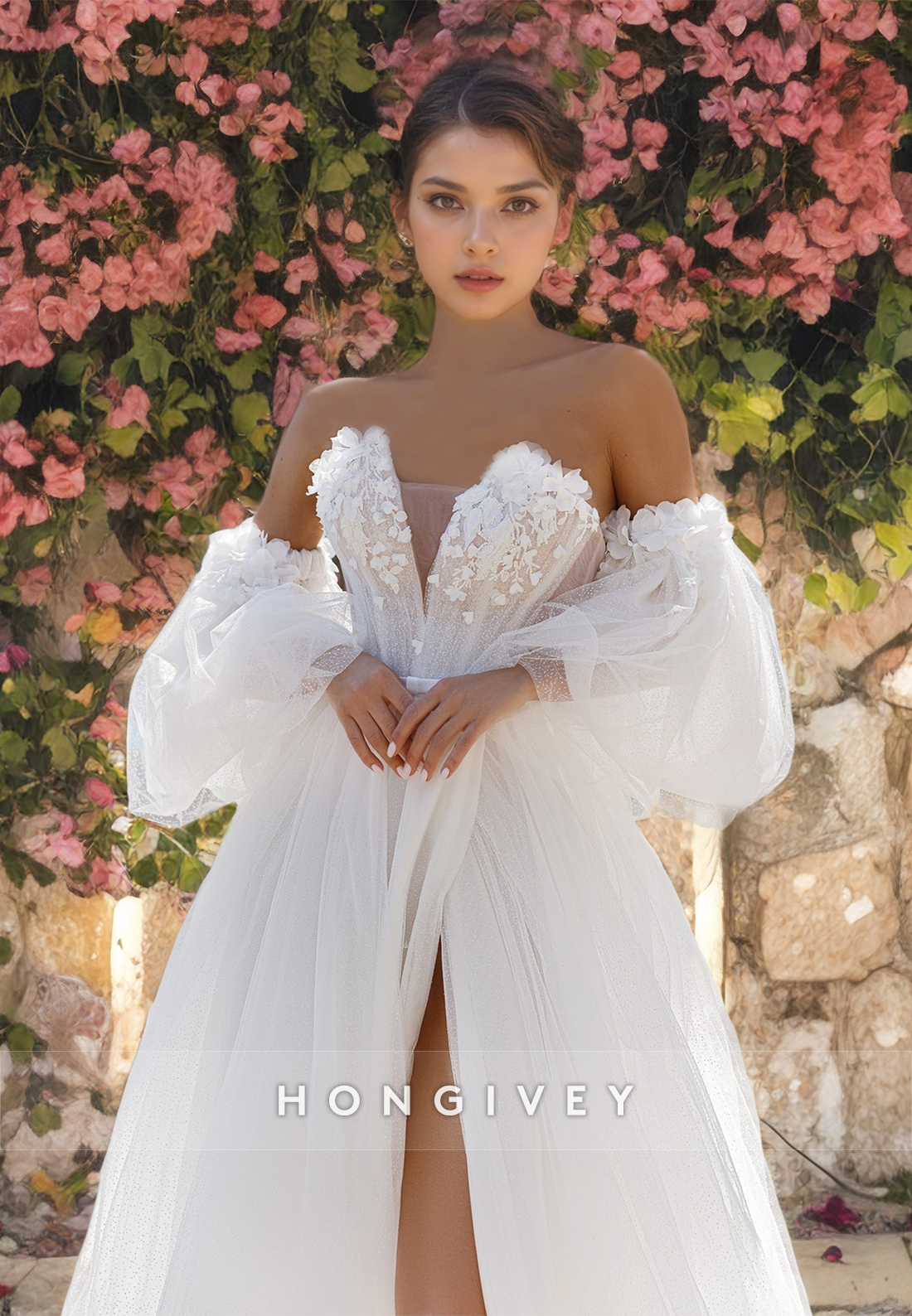 Sweet Tulle Sweetheart Strapless Off-Shoulder A-Line with Side Slit Wedding Dress