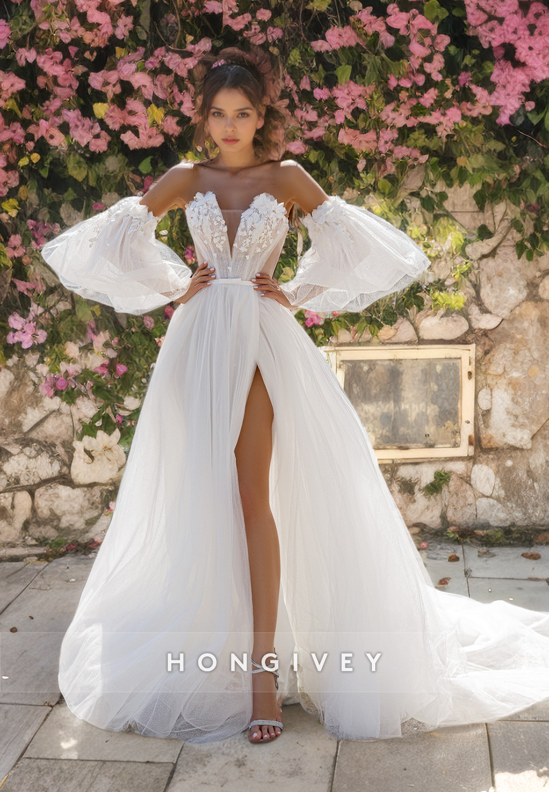 Sweet Tulle Sweetheart Strapless Off-Shoulder A-Line with Side Slit Wedding Dress