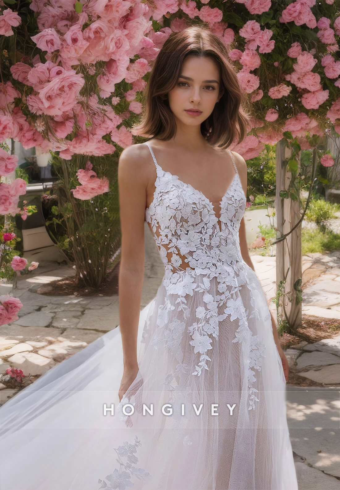 Applique Tulle with Train A-Line Wedding Dress Classic Bride Gown