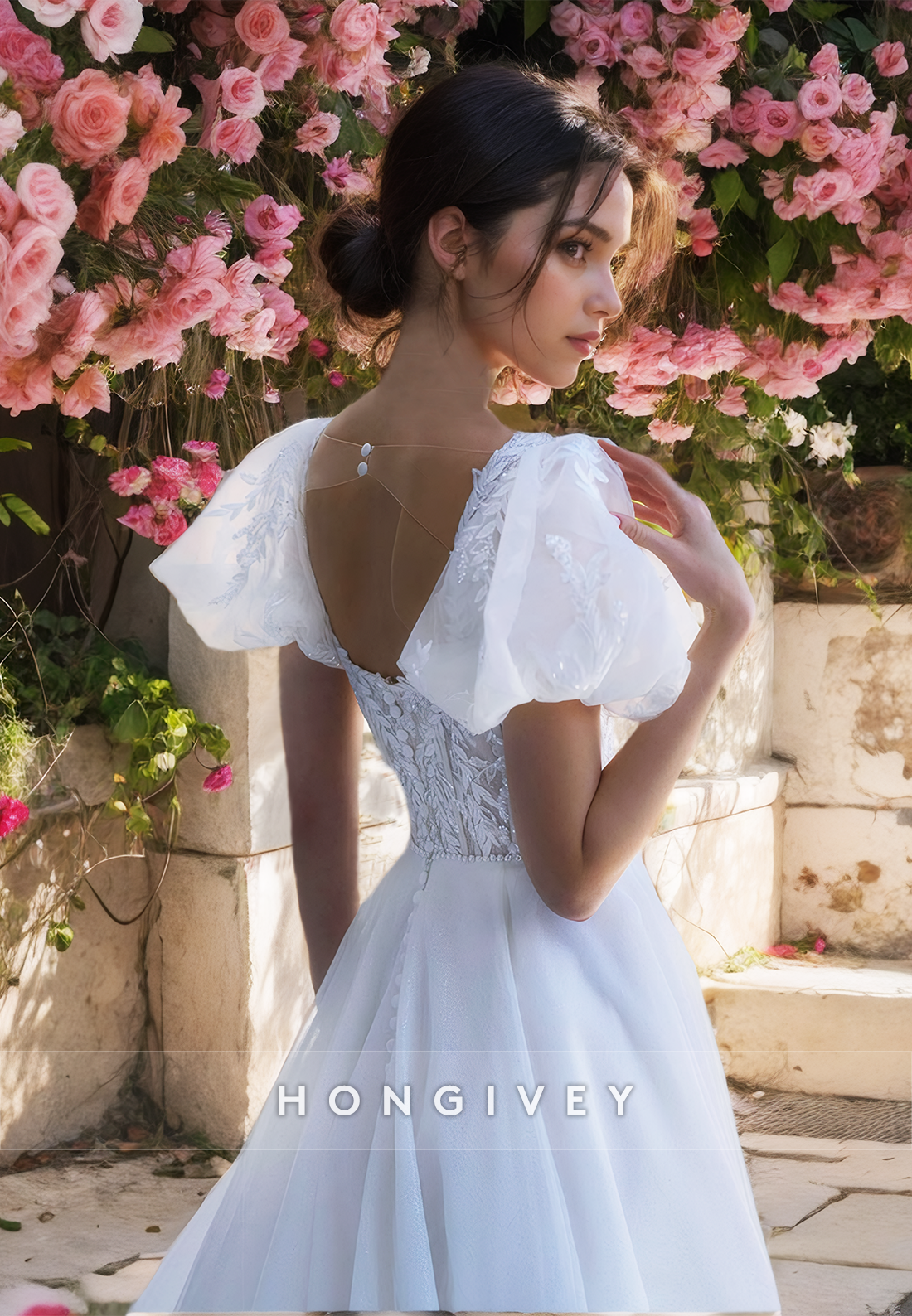 Sweet Square Short Sleeves A-Line Applique Tulle Wedding Dress New