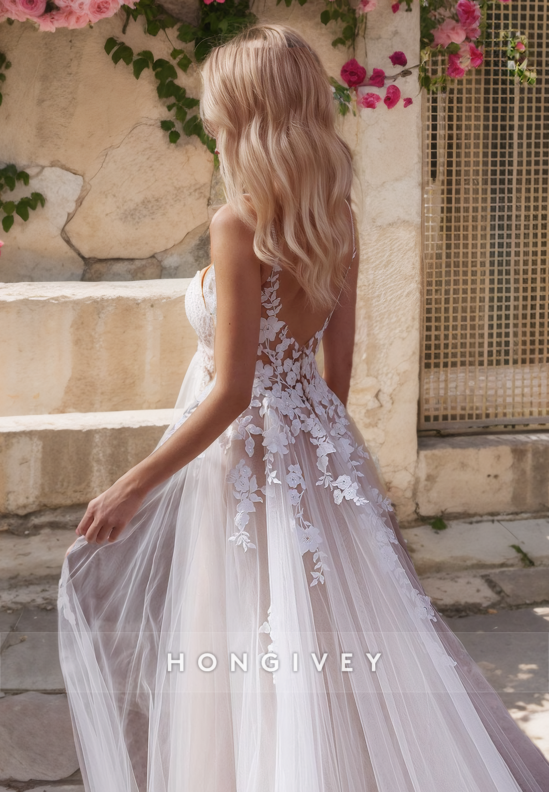 Applique Tulle with Train A-Line Wedding Dress Classic Bride Gown
