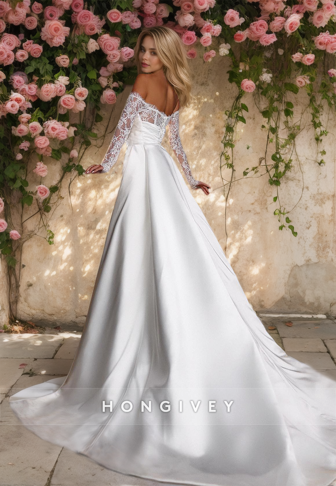 Strapless Long Sleeves Sheath with Detachable Train Satin Wedding Dress