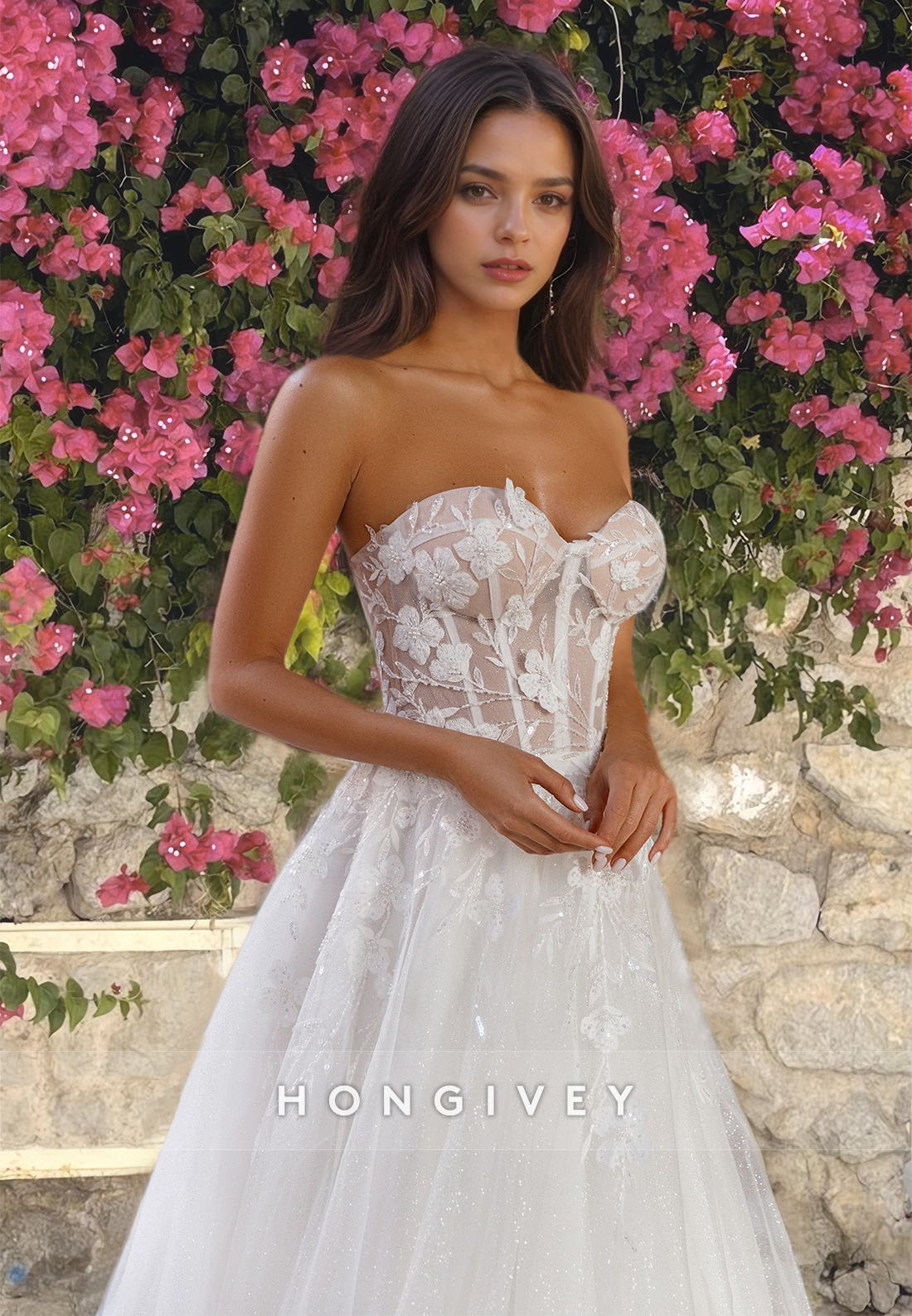 Floral Applique Strapless Tulle with Train Wedding Dress Bride Gown
