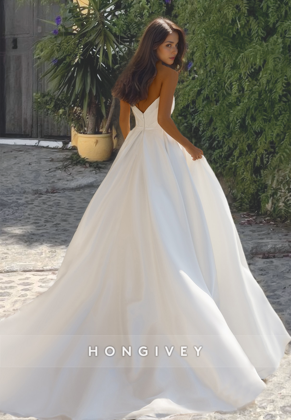 Strapless A-Line Satin Wedding Dress Simple Bride Gown Engagement
