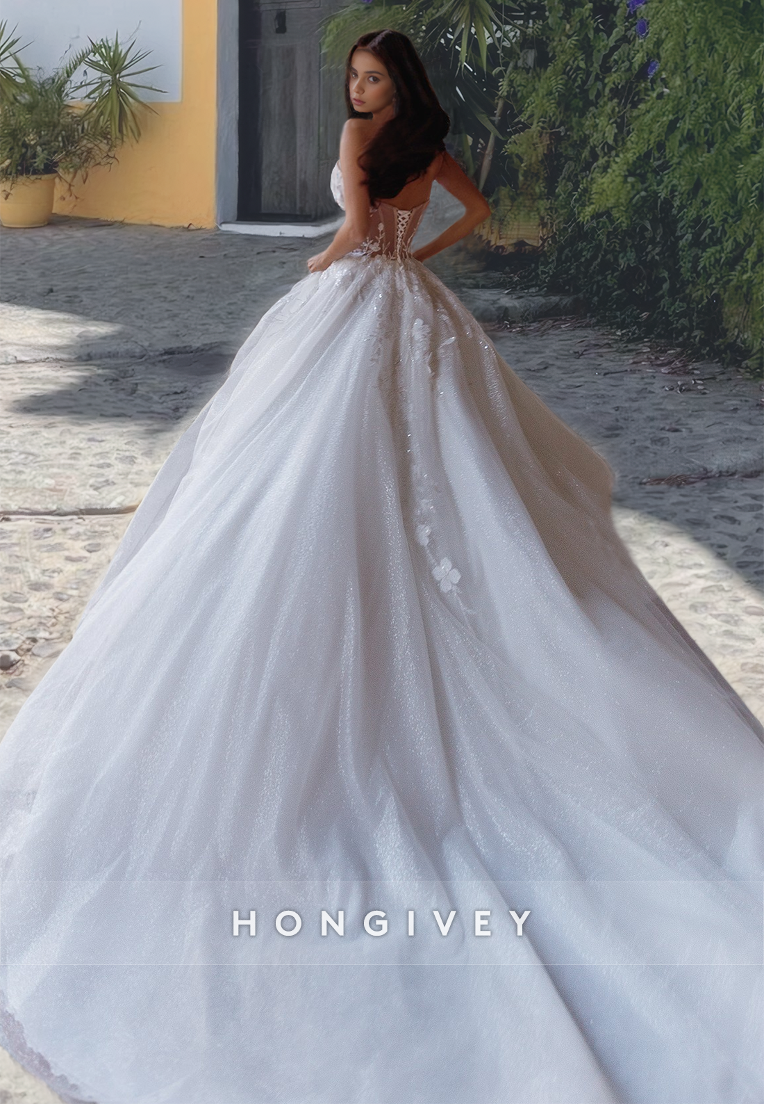 Floral Applique Strapless Tulle with Train Wedding Dress Bride Gown