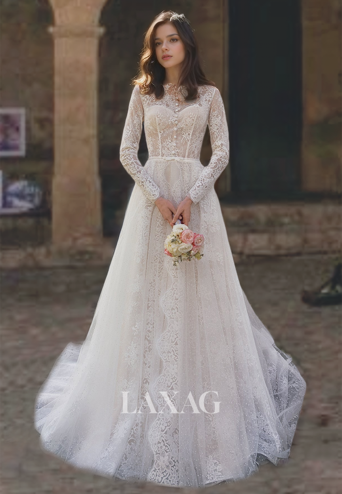 Ornate High-Neck Long Sleeves A-Line Weeding Dress Allover Lace Cutout with Train Bridal Gowns - Fashionpara
